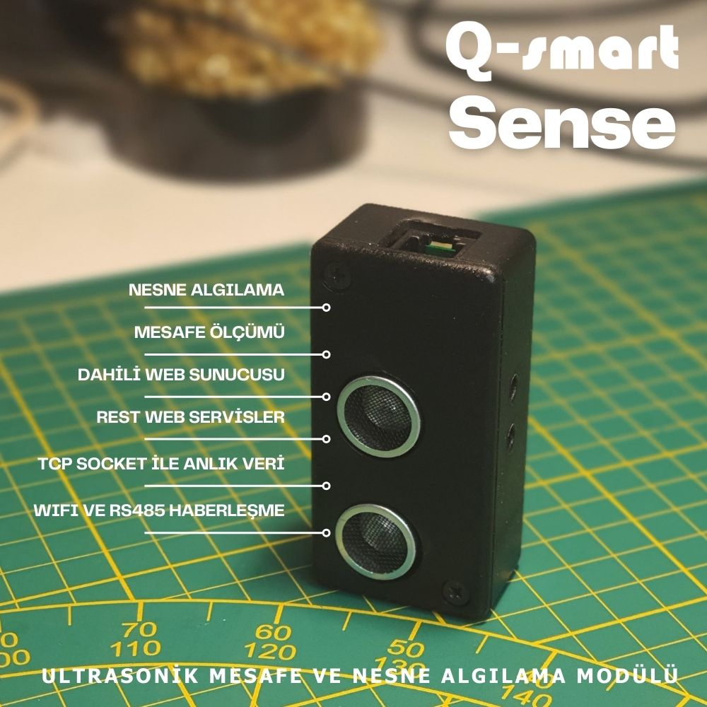 Sense Kare Cover Q-smart Sense cihazı – nesne algılama, mesafe ölçümü, web sunucu ve haberleşme özellikli ultrasonik sensör modülü