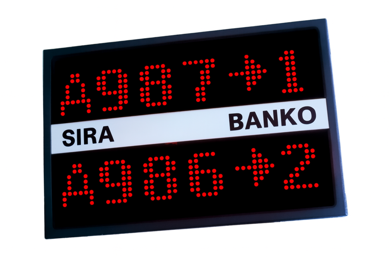 Q-smart FLEX ana yönlendirme ekranı, LED göstergeli sıramatik ekranında A987 için 1 numaralı bankoyu, A986 için 2 numaralı bankoyu gösteriyor.