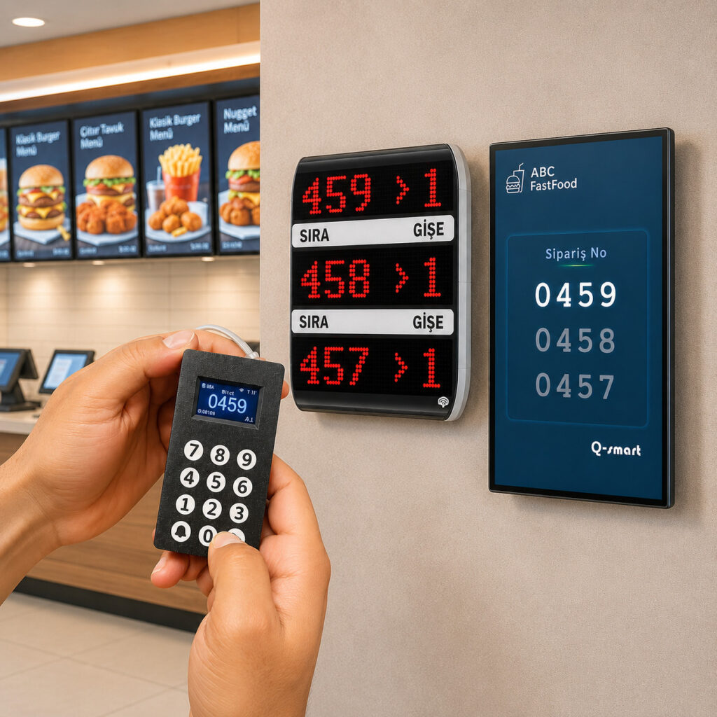 Q-smart fast food order calling system with LED and TV displays