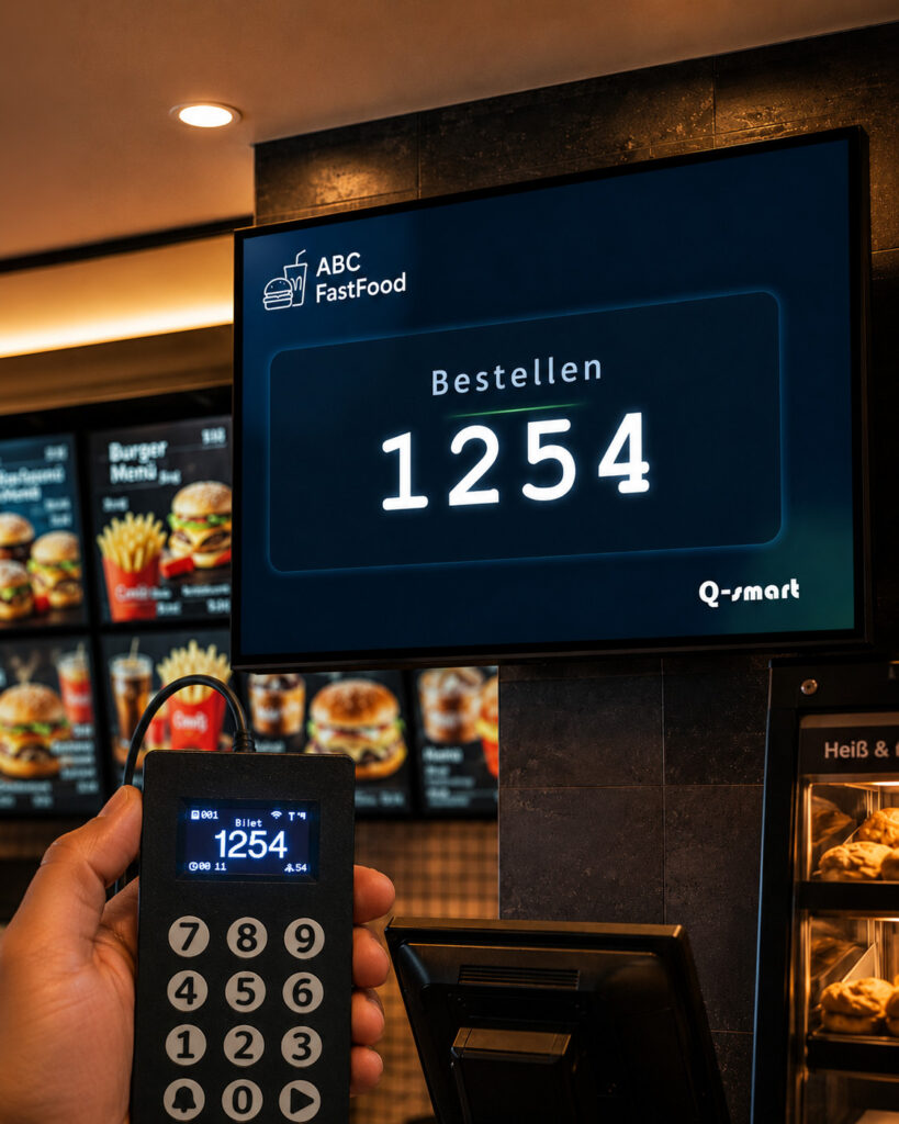 Q-smart fast food order display with handheld numpad terminal