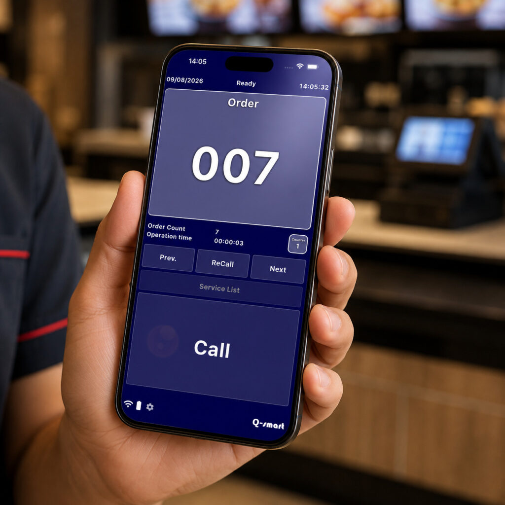 Q-smart FastFood iPhone uygulaması ile restoranda sipariş numarası çağırma ekranı